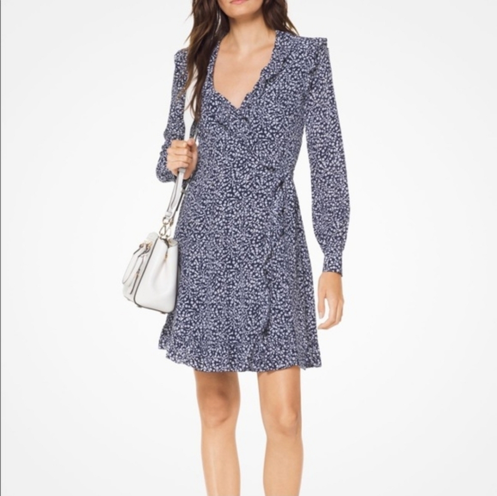 Michael Kors 100% Wrap Silk Dress Floral Paisley  Blue Size S